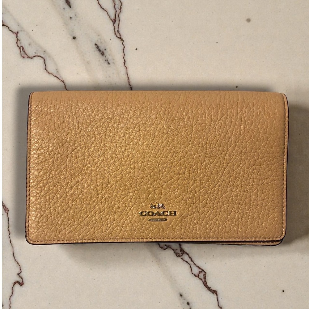 Coach Pebbled Leather Envelope Wallet Crossbody Nude Foldover Clutch Gold HW WOC - Picture 2 of 10